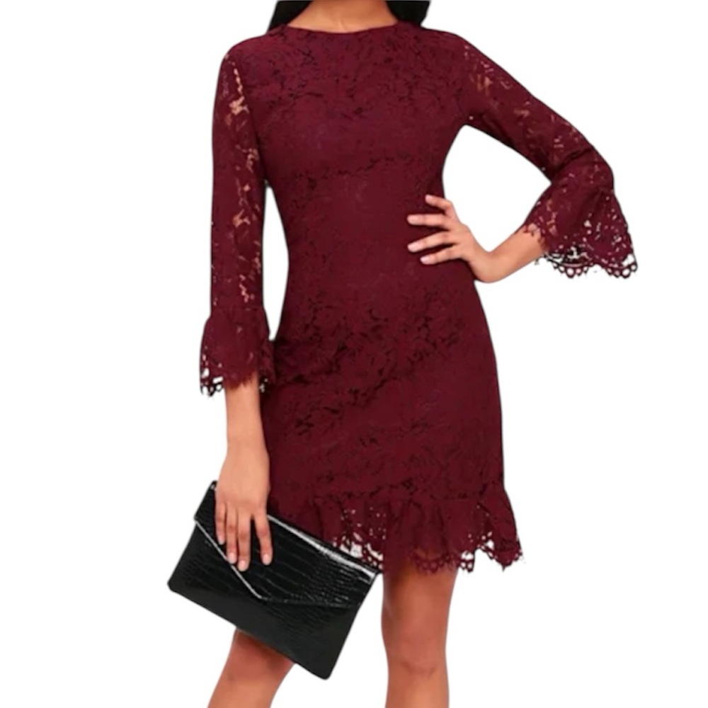 Lulus Plum Purple Lace Flounce Sleeve Dress - Size L